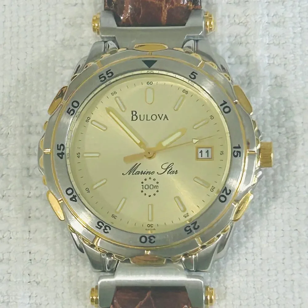 Bulova Marine Star Ladies Watch Quartz 37mm 2 Tone Leather Strap Vintage